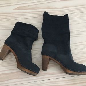 Black Leather Suede Wood Heel Boots